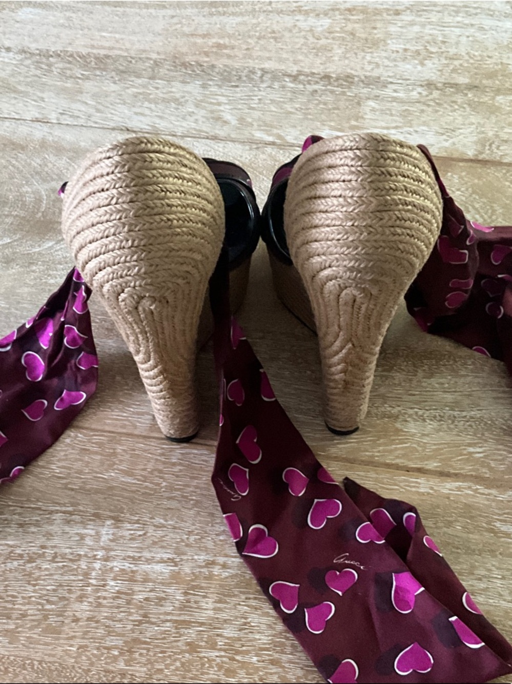 Gucci Burgundy and Pink Heart Wedge Sandals - Picture 8 of 9